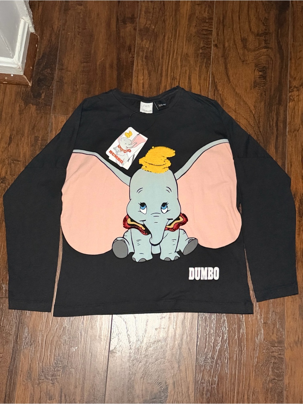NWT Zara Black Long-Sleeve Dumbo Graphic Tee with Pink Ears
